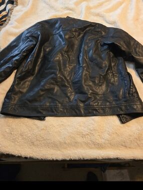 041226 Vintage  Bleu grande   Black Leather Bomber Jacket Men's large Zip Up Hea